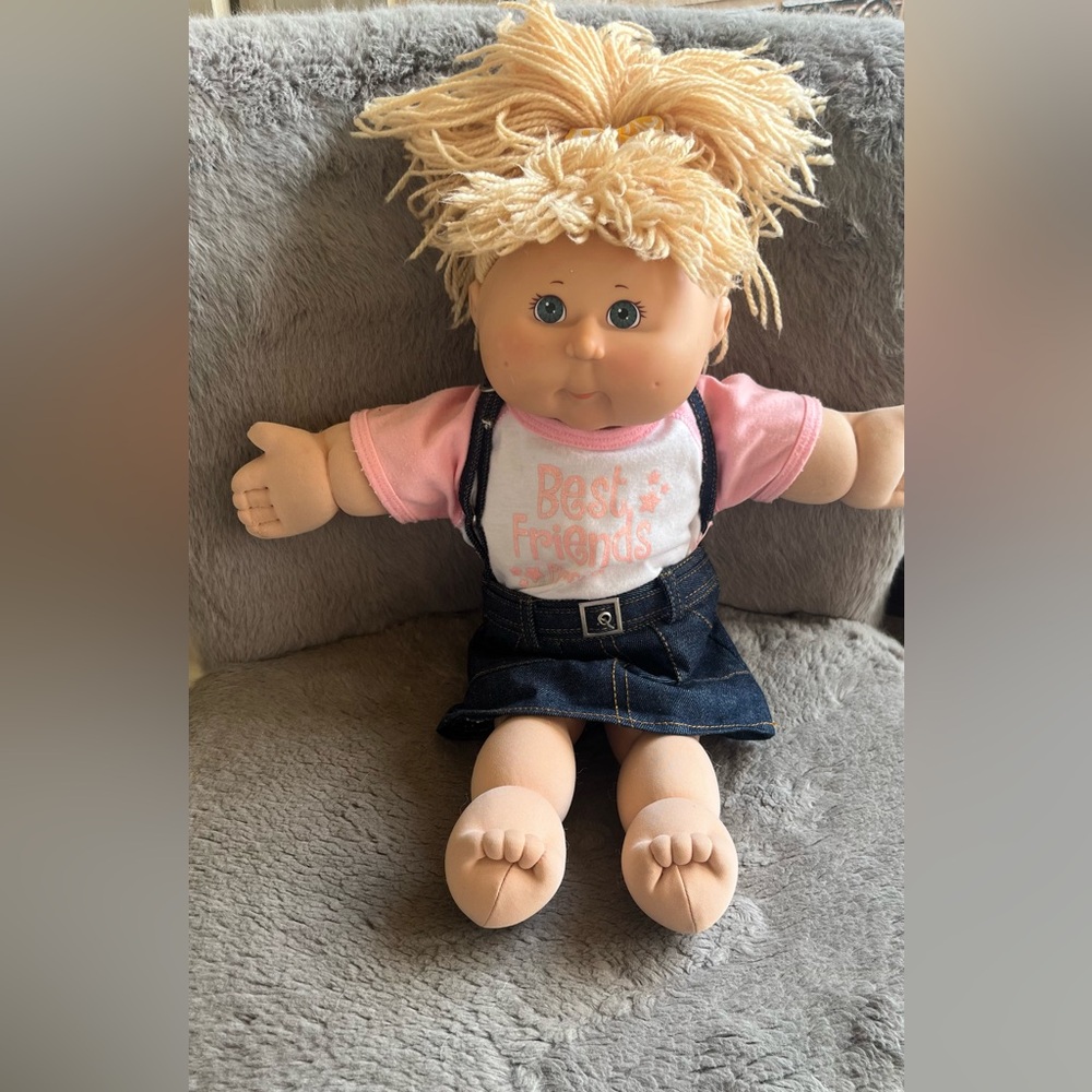 Authentic 1980 Cabbage Patch Blonde Doll with Pink Shirt and Denim Skirt